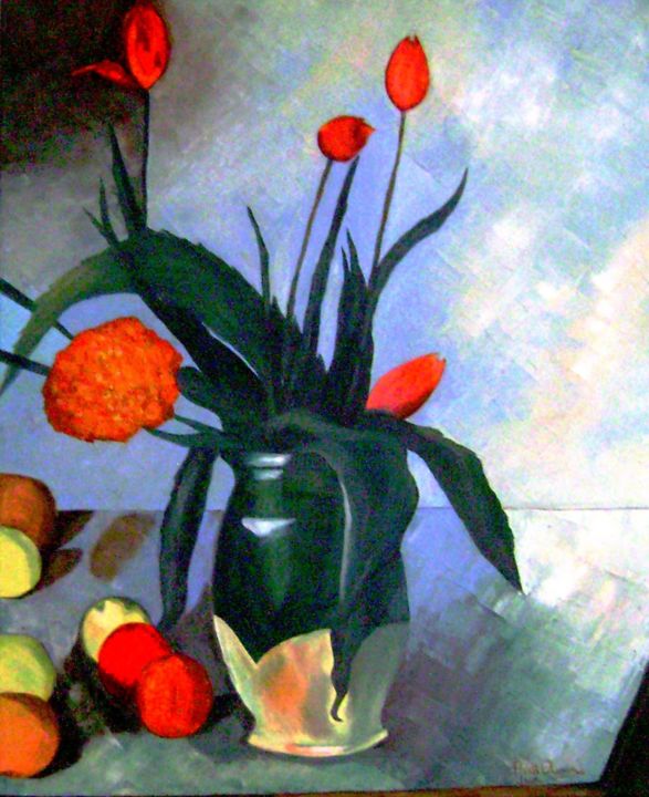 Painting titled "Tulips in a vase" by Cerazivka, Original Artwork, Oil