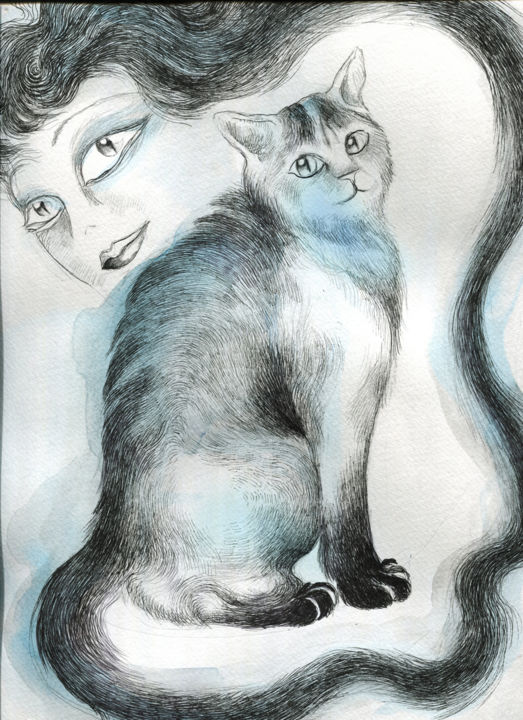 Disegno intitolato "Me and my Cat n.2" da Maria Cristina Cerminara, Opera d'arte originale, Acquarello
