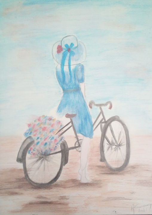 Painting titled "le velo" by Annick Cernesse, Original Artwork, Watercolor