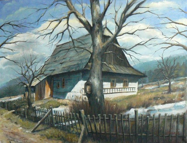 Картина под названием "Farm house - spring…" - Palomio, Подлинное произведение искусства, Масло