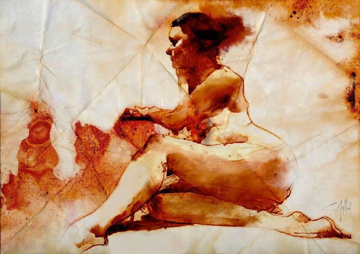 Schilderij getiteld "Desnudo en sepia" door Cesar Ayllón, Origineel Kunstwerk, Olie