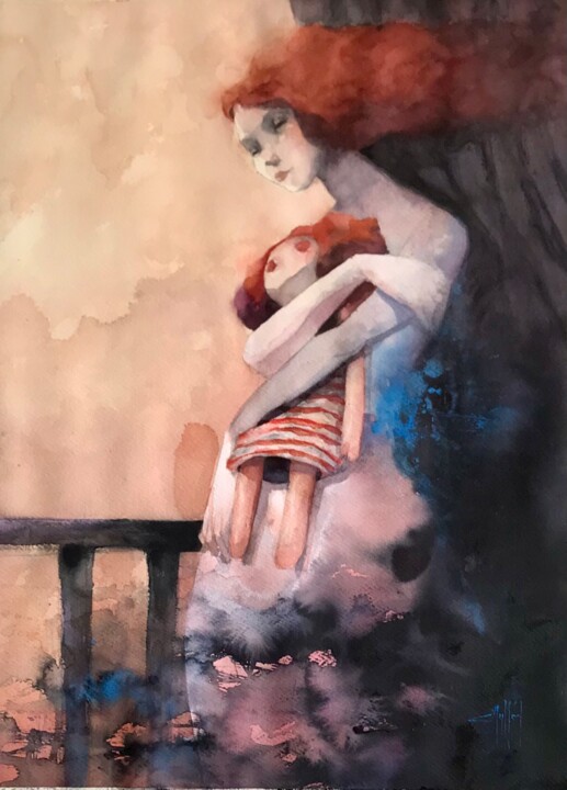 Pintura titulada "Niña/ mujer" por Cesar Ayllón, Obra de arte original, Acuarela