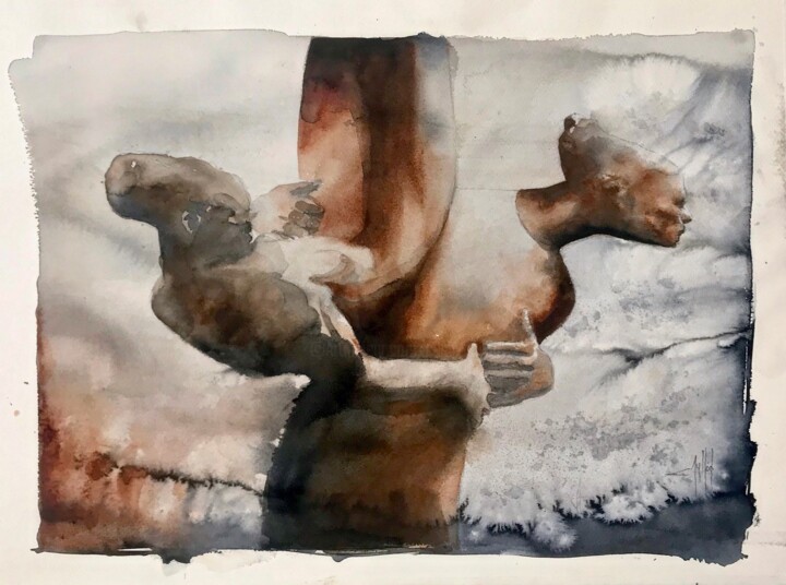 Pintura intitulada "Serie ancestros 2" por Cesar Ayllón, Obras de arte originais, Aquarela