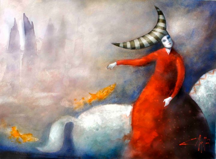 Pittura intitolato "domadora de peces" da Cesar Ayllón, Opera d'arte originale, Acquarello