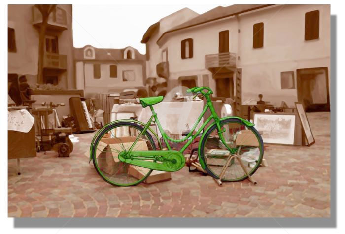 Painting titled "la-bici-green-del-m…" by Cesare Clemente, Original Artwork, Acrylic