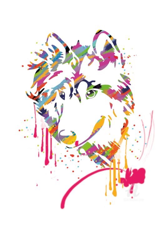 Arts numériques intitulée "Loup pop' blanc" par Caroline Farys, Œuvre d'art originale, Peinture numérique