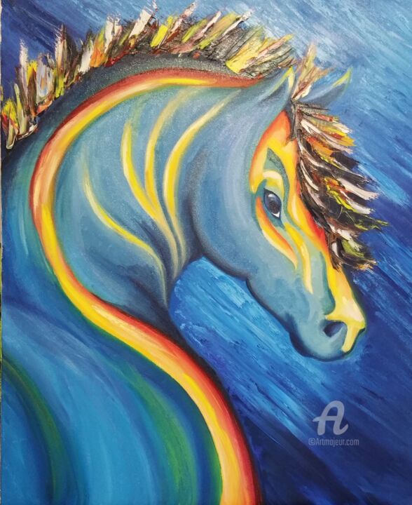 Painting titled "Cheval-lumière" by Caroline Farys, Original Artwork, Oil