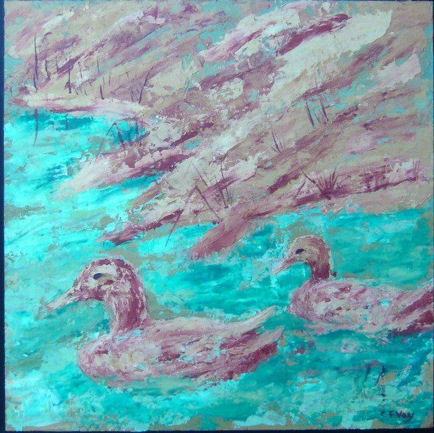 Painting titled "Patos en el estanque" by C F Vay, Original Artwork, Oil