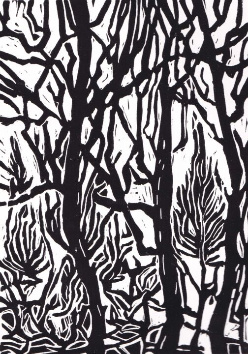 Impressões e gravuras intitulada "Dans la forêt de pi…" por Catherine Gajac, Obras de arte originais, Linoleogravura