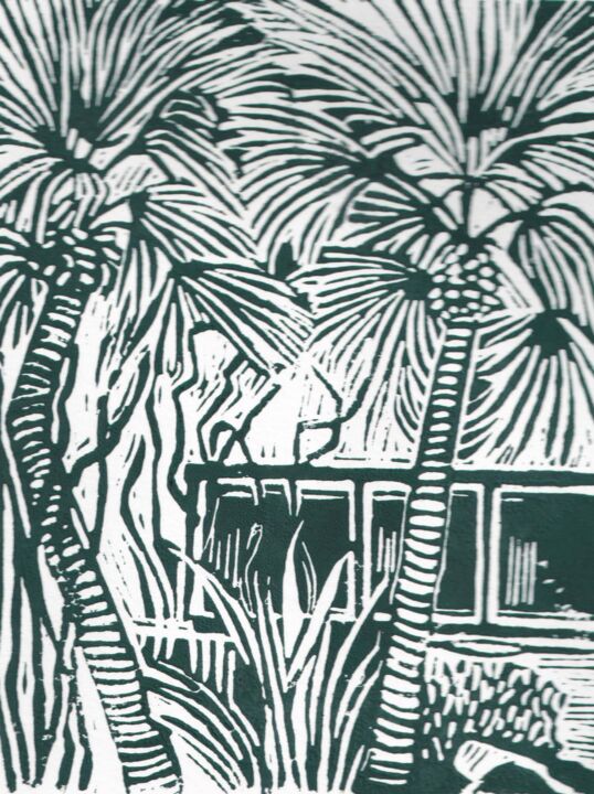 Impressões e gravuras intitulada "Sous les tropiques" por Catherine Gajac, Obras de arte originais, Linoleogravura