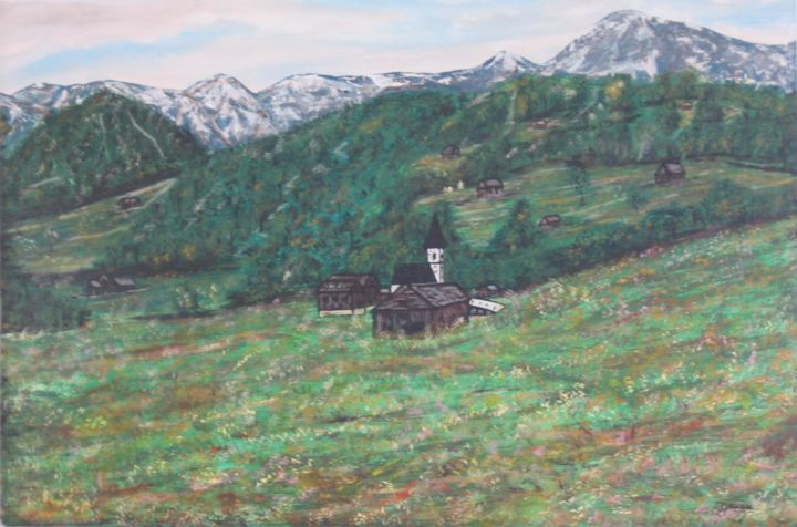 Peinture intitulée "Village en montagne" par Claude Gascon, Œuvre d'art originale, Acrylique