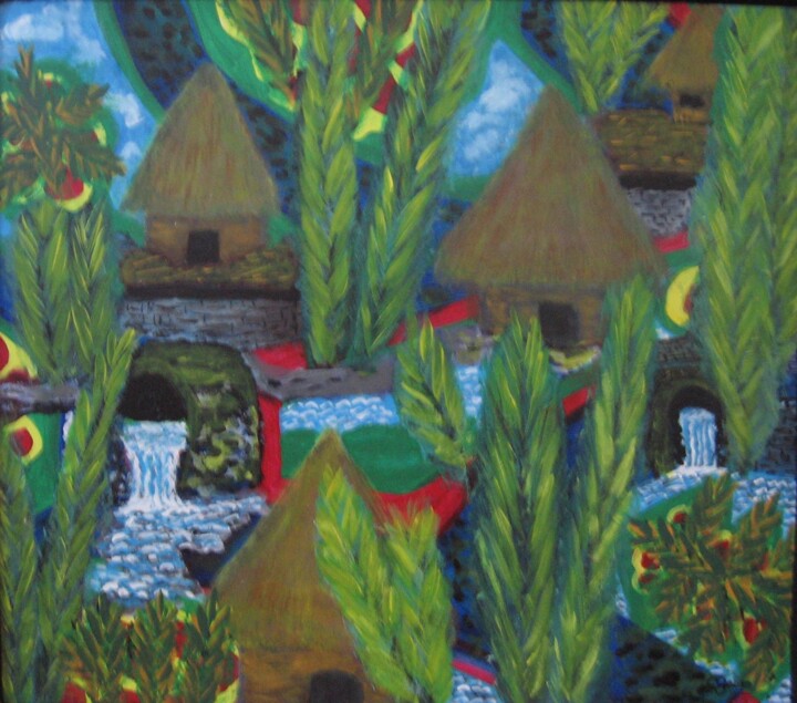 Peinture intitulée "Le village" par Claude Gascon, Œuvre d'art originale, Acrylique