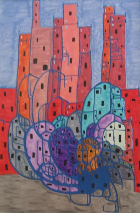 Painting titled "La ville 2" by Claude Gascon, Original Artwork, Acrylic