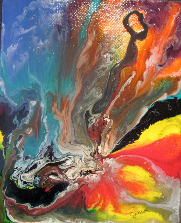 Pintura intitulada "Éruption 3" por Claude Gascon, Obras de arte originais, Pintura de vitral Montado em Armação em madeira
