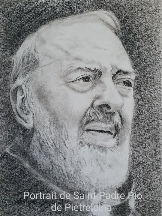 Drawing titled "PADRE PIO" by Corinne Gayraud, Original Artwork, Pencil