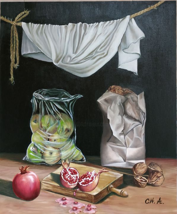Pittura intitolato "Nueces y frutas" da María Rosario Aladro Loza, Opera d'arte originale, Olio Montato su Pannello di legno