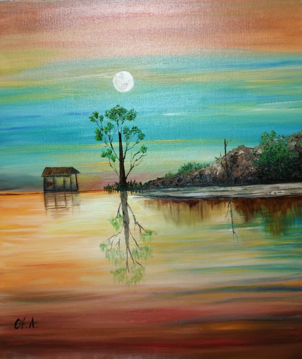 Painting titled "Atardecer" by María Rosario Aladro Loza, Original Artwork, Oil Mounted on Wood Panel