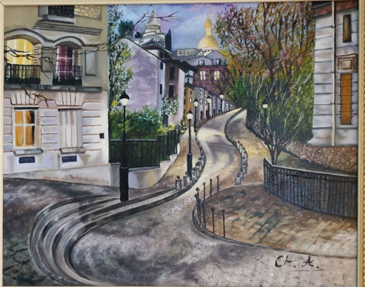 Painting titled "Plaza de Dalida. Mo…" by María Rosario Aladro Loza, Original Artwork, Oil Mounted on Wood Panel