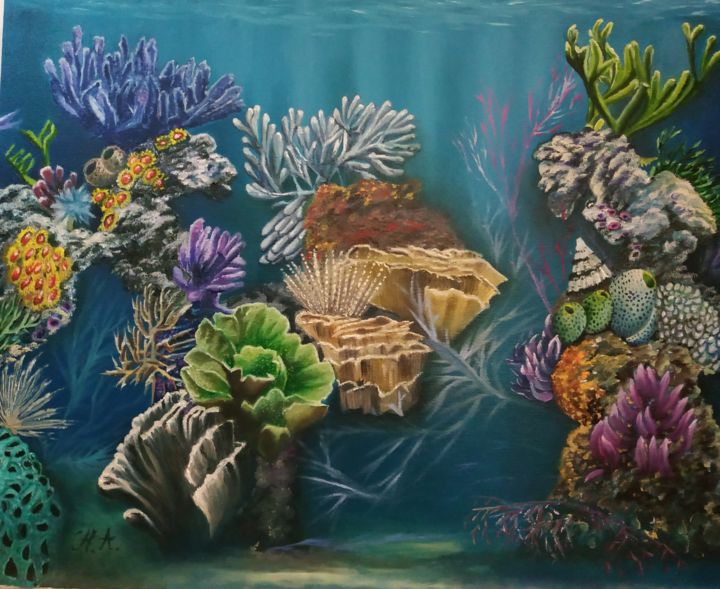 Painting titled "Naturaleza marina" by María Rosario Aladro Loza, Original Artwork, Oil Mounted on Wood Panel