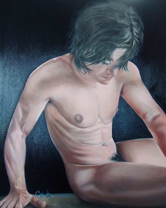 Painting titled "ÁNGEL CAÍDO" by María Rosario Aladro Loza, Original Artwork, Oil Mounted on Wood Panel