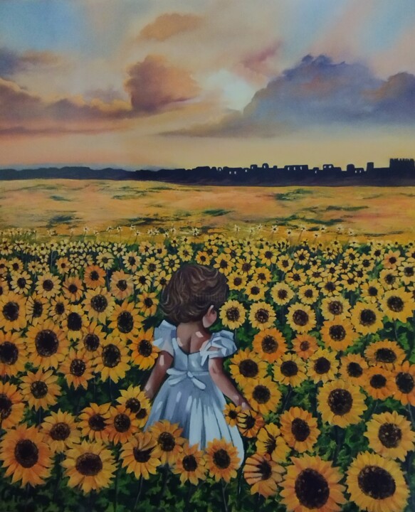 Painting titled "Entre girasoles" by María Rosario Aladro Loza, Original Artwork, Oil Mounted on Wood Panel