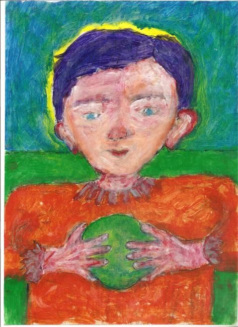 Pintura titulada "Niño con bola senta…" por Chabacan, Obra de arte original