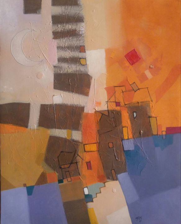 Peinture intitulée "maisons solitaires…" par Chafa Ouzzani, Œuvre d'art originale,