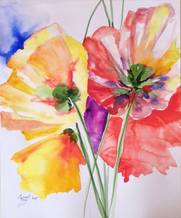 Painting titled "Tulipes" by Chakameh Chitsaz, Original Artwork, Watercolor