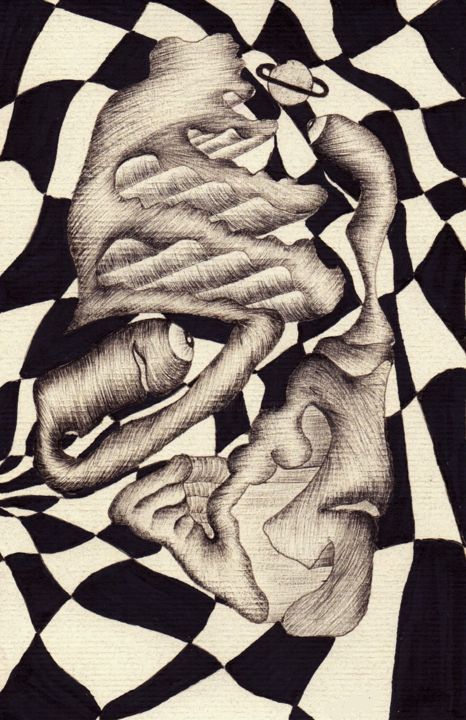 Drawing titled "viviendo en jupiter" by Chako Ojo, Original Artwork, Ballpoint pen