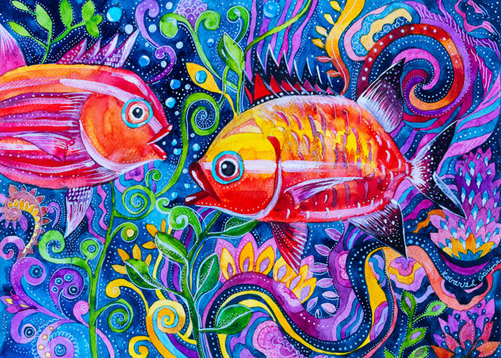 Pintura intitulada "Dipinto pesci mare…" por Kateryna Kovarzh, Obras de arte originais, Aquarela