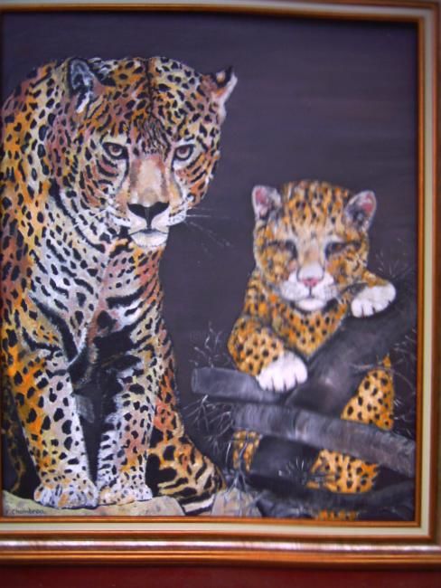 Painting titled "Léopard et son petit" by Françoise Chambron, Original Artwork