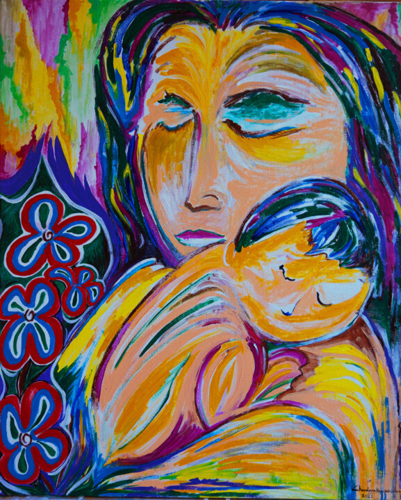 Pittura intitolato "Mother and child" da Chandana Hewapathirana, Opera d'arte originale, Acrilico