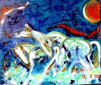 Painting titled "GreenHorses" by Narayanan Ramachandran, Original Artwork