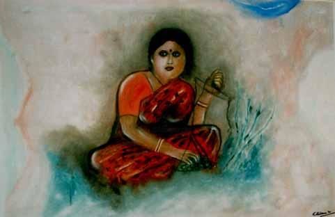 Schilderij getiteld "Vegetable seller" door Narayanan Ramachandran, Origineel Kunstwerk, Olie
