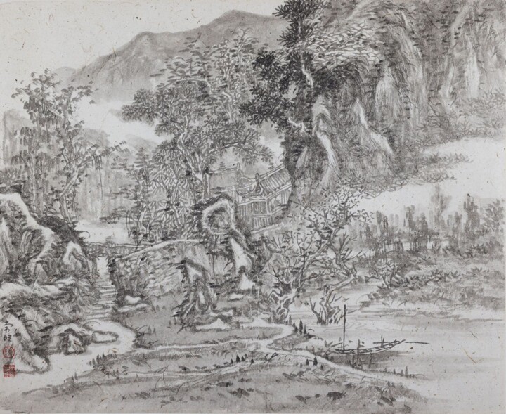 Peinture intitulée "<仿古山水之三>" par Chang Wang Yu, Œuvre d'art originale, Encre