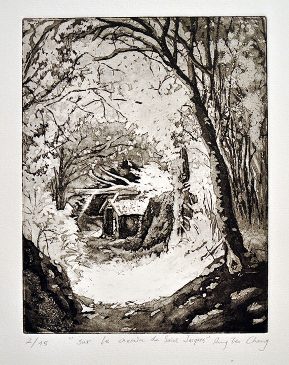 Отпечатки и Гравюры под названием "sur le chemin de Sa…" - Rung-Tsu Chang, Подлинное произведение искусства, Травление