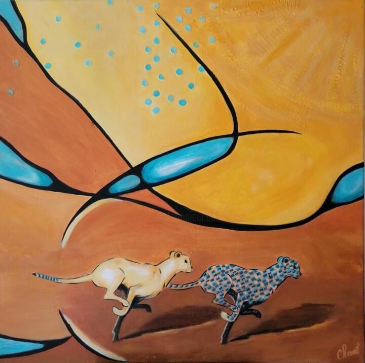 Peinture intitulée "Course des guépards." par Chant, Œuvre d'art originale, Acrylique Monté sur Châssis en bois