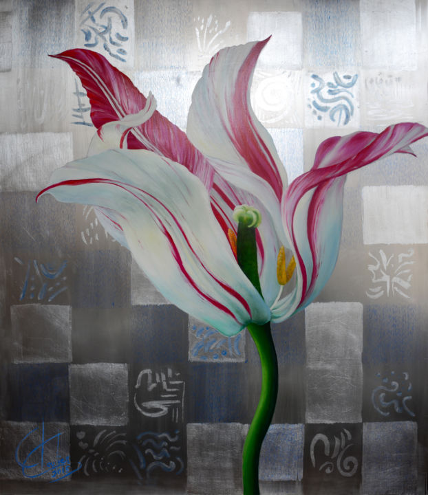 Painting titled "Tulipe ouverte" by Chantal Cloutier, Original Artwork, Oil