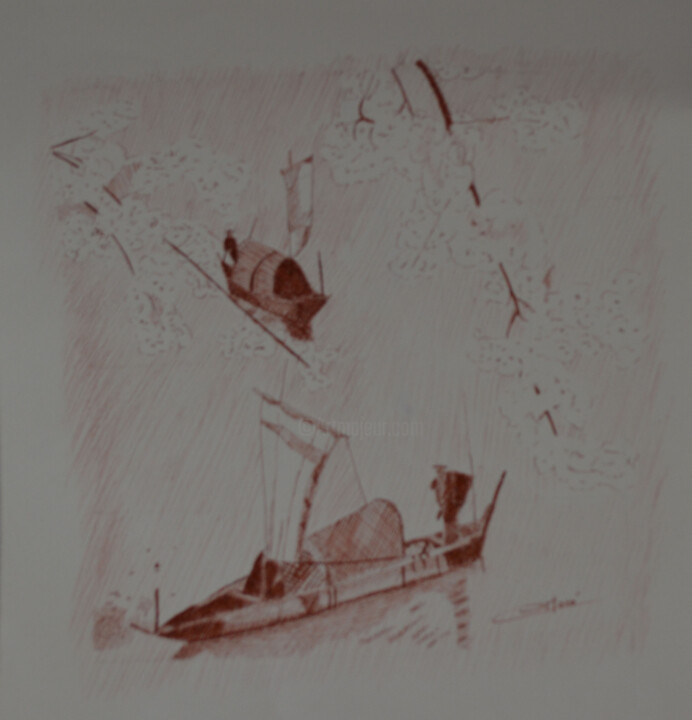 제목이 "Jonques sur un lac…"인 그림 Chantal Macé로, 원작, 안료 기타 단단한 패널에 장착됨