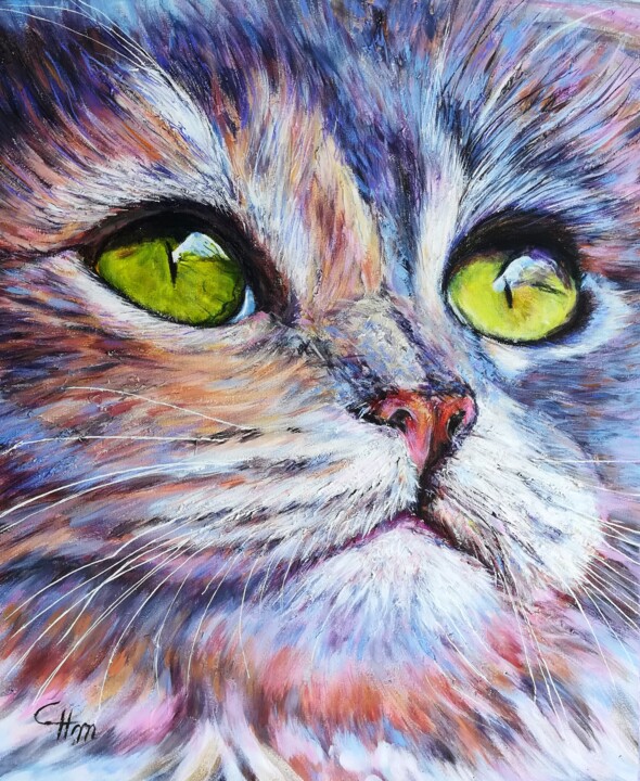 Painting titled "BEAUTE FELINE" by Chantal Martin (chm), Original Artwork, Acrylic Mounted on Wood Stretcher frame