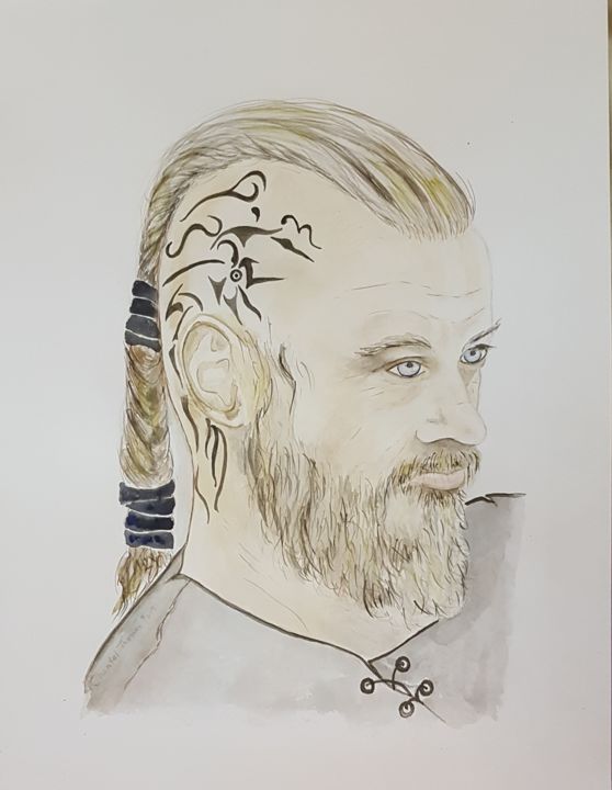 Painting titled "Ragnar Lodbrok" by Chantal Thomas Rogé, Original Artwork, Watercolor