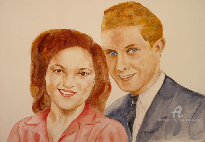 Painting titled "Couple 1950" by Chantal Thomas Rogé, Original Artwork, Watercolor