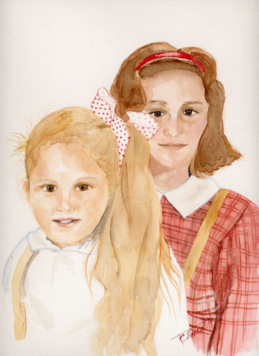 Painting titled "Deux soeurettes" by Chantal Thomas Rogé, Original Artwork, Watercolor