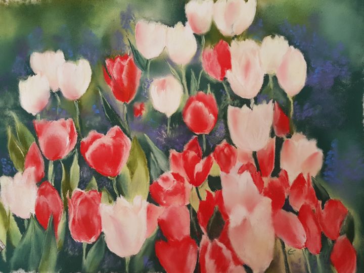 제목이 "Tulipes"인 미술작품 Chantal Weyer로, 원작, 파스텔