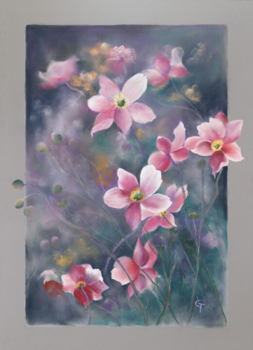 Painting titled "Anémones" by Chantal Weyer, Original Artwork, Pastel Mounted on Cardboard