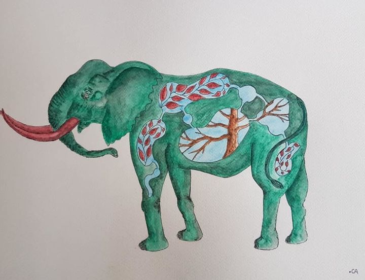 Peinture intitulée "L'ELEPHANT" par .Ca, Œuvre d'art originale, Aquarelle