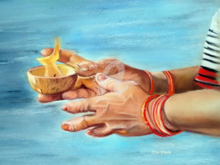 Peinture intitulée "" Prière à Varanasi"" par Chantal Le Mesle, Œuvre d'art originale, Pastel