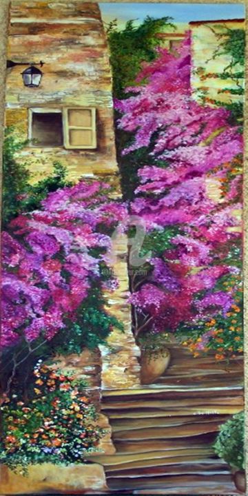 Painting titled "Bougainvilliers" by Chantal Le Mesle, Original Artwork, Acrylic