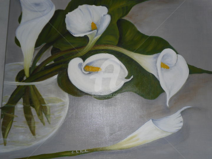 Painting titled "Arums dans Aquarium" by Chantal Le Mesle, Original Artwork, Oil