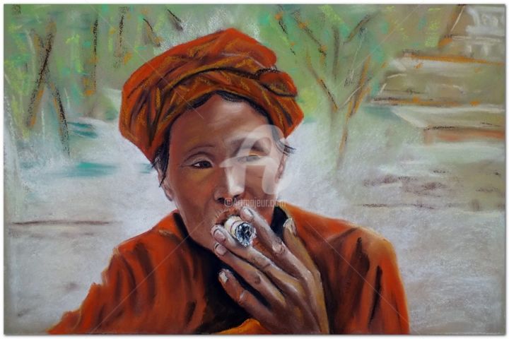 Pintura titulada "Femme-au-cigare." por Chantal Le Mesle, Obra de arte original, Pastel